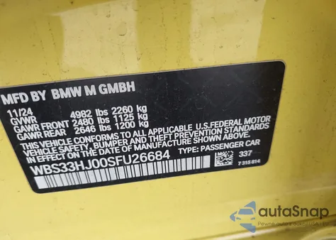 2025 BMW M3 Competition xDrive z USA, uszkodzony, nr VIN WBS33HJ00SFU26684